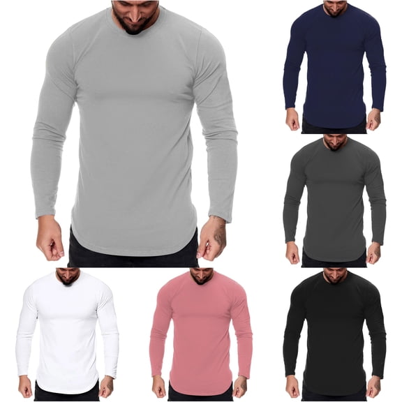 Mens Fashion Casual Sports Fitness Outdoor Curved Solid Round Neck Long Sleeve T Shirt Top Comfy Tee Tshirts for Men