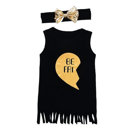 StylesILove Kids Girl Best Friend Twins Sleeveless Tassel T-shirt Dress With Bow Headband (100/18-24 Months, Black Left (Dress Your Best Meaning)