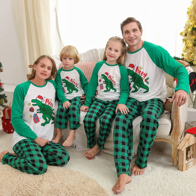 Wangsaura Pyjamas Assortis pour la Famille, Hauts à Manches Longues Dinosaure + Pantalons à Carreaux
