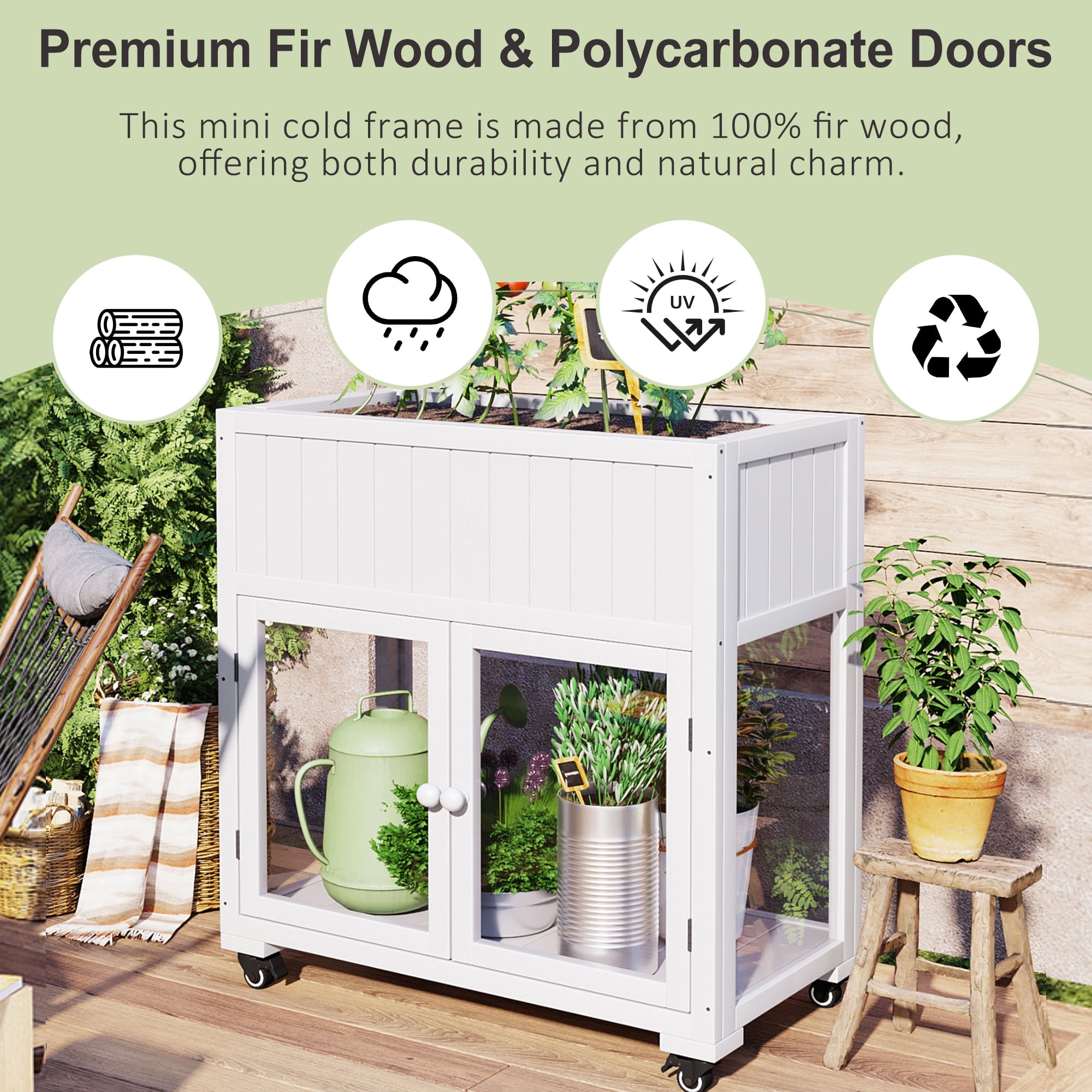 YIYADO Patio Mini Wood Cold Frame, Compact 2 Doors Garden Greenhouse with Wheels for Indoor Outdoor Use,White