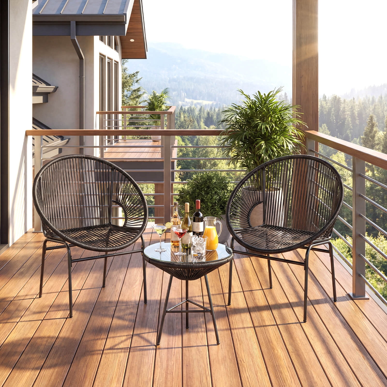 Costway 3PCS Patio Acapulco Furniture Bistro Set Plastic Rope Glass Table Black