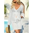 thumbnail image 2 of Womens Crochet 2 Piece Cover Up V Neck Bell Sleeve Button Cardigan Sheer Mesh Beach Mini Skirt Coverup Set, 2 of 5