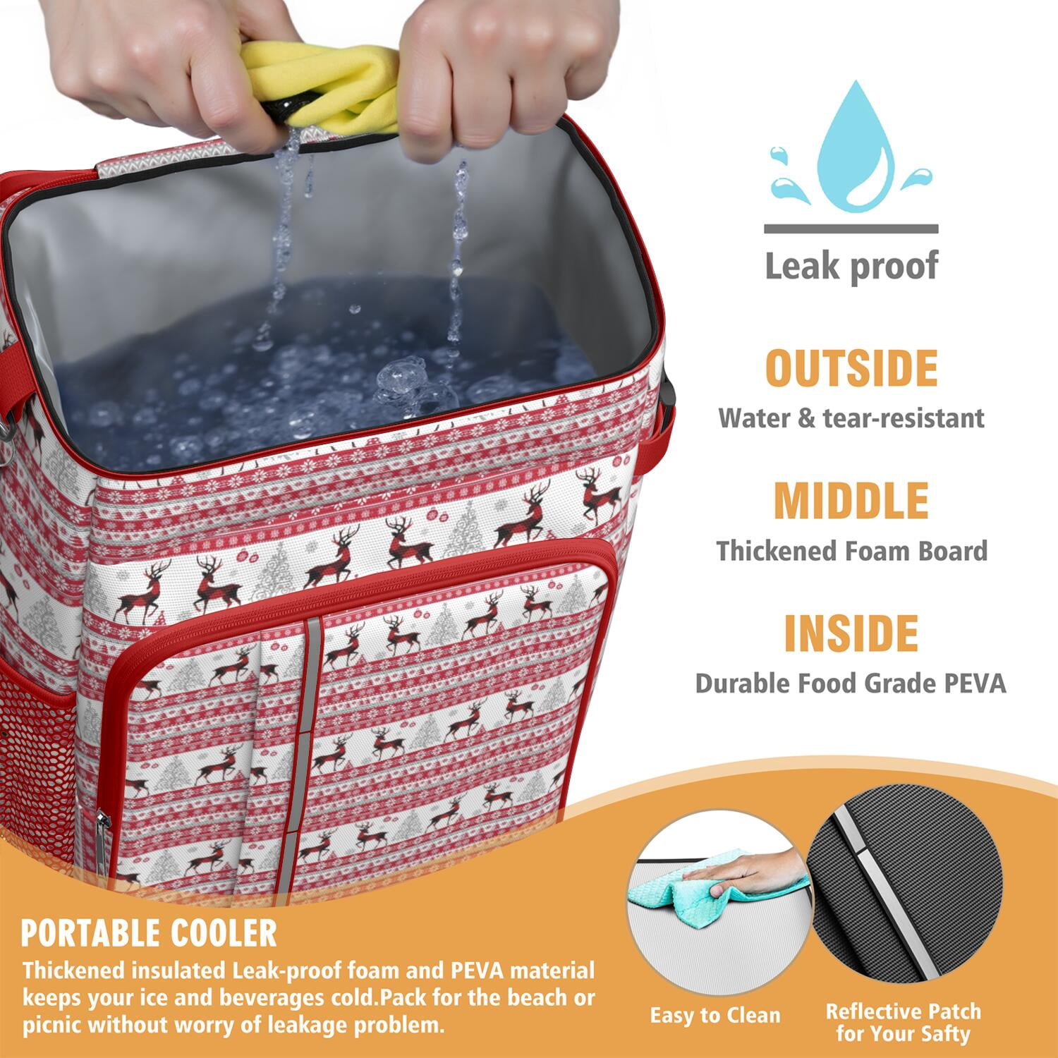 Travel Cooler Bag - Red and White Christmas Reindeer Pattern Camping Beer Cooler Backpack with Bottle Opener- Waterproof Insulated Picnic Backpacks - Cooler Bag for Beach