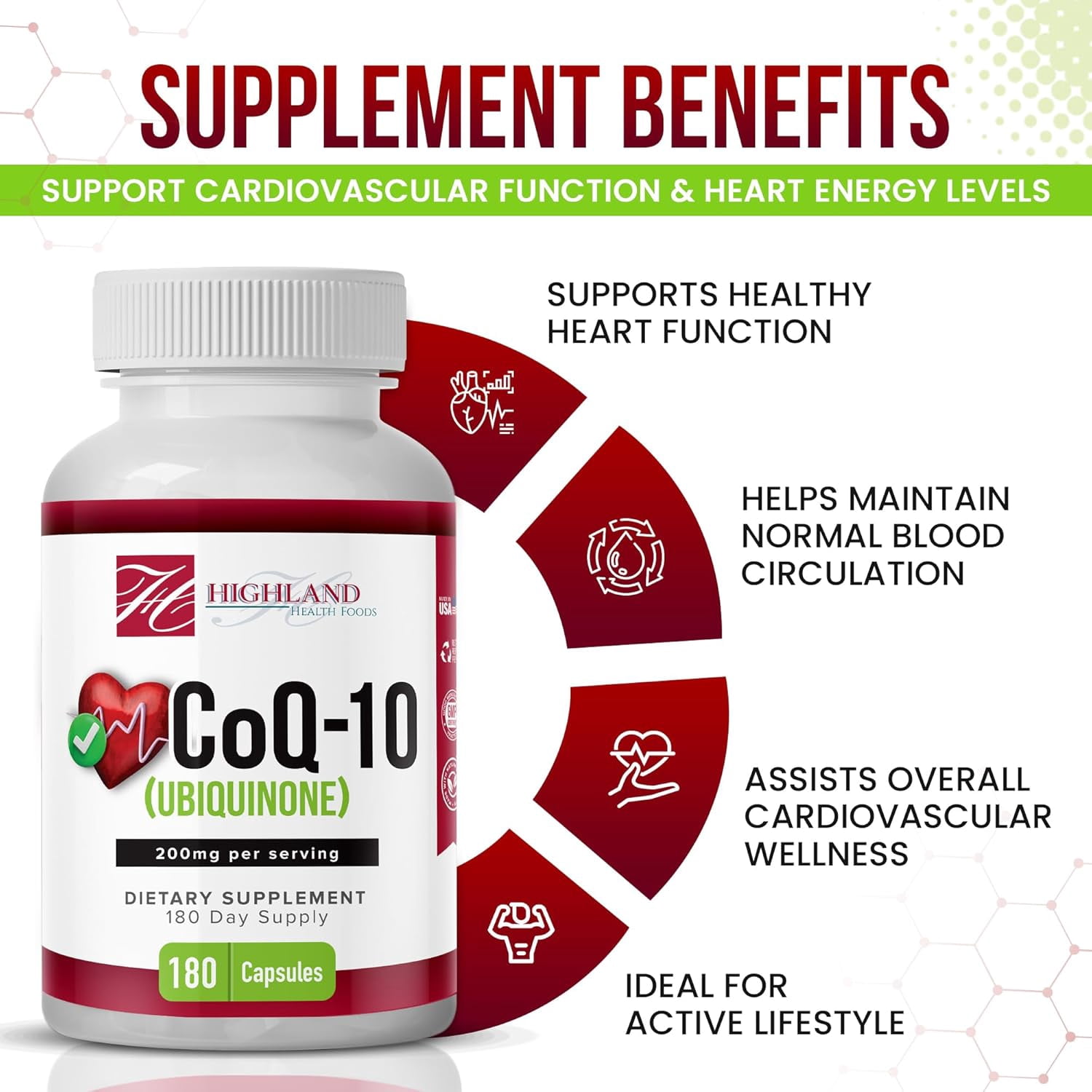 CoQ10 200mg 180 Vegetarian Capsules for Heart Health, Non-GMO, Easy to Swallow, Supports Cellular Energy Production and Cardiovascular Health