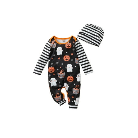 

Licupiee Baby Boys Girls Halloween Fall Jumpsuit Pumpkin Ghost Stripes Long Sleeves Romper Overalls Bodysuit Outfit