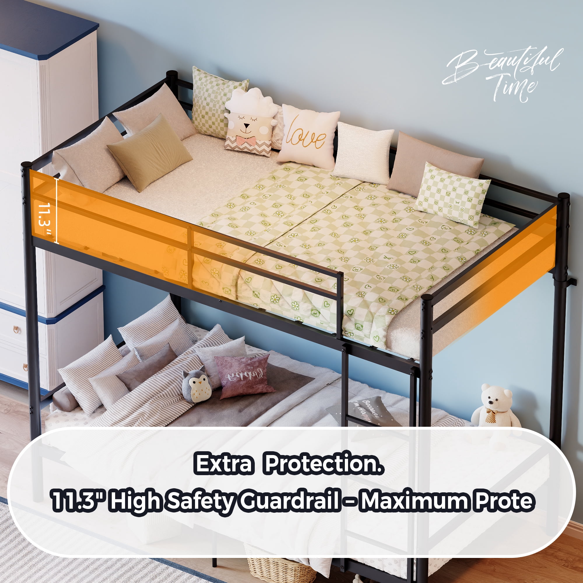 MAYEERTY Twin Over Twin Metal Bunk Bed with Ladder, Space-Saving Bed Frame for Kids Teens Adults, Supports 330 lbs Top & 440 lbs Bottom Bunk, No Box Spring Needed