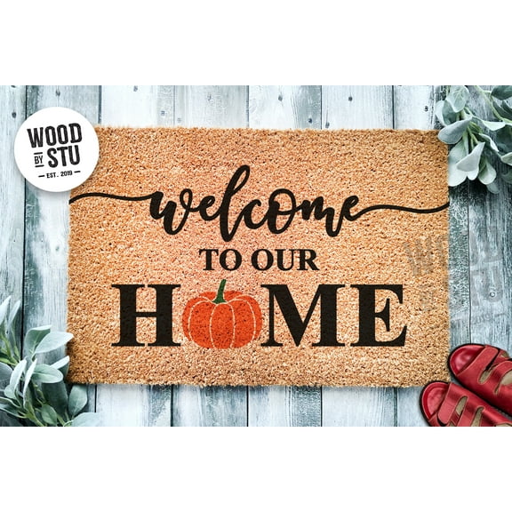 Welcome To Our Home Pumpkin Door Mat | Autumn Rustic Fall Doormat | Welcome Mat Decor | Farmhouse Door Mat | Fall Autumn Gift | Home Doormat