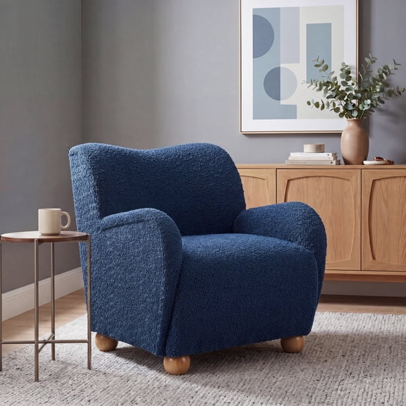 Christopher Knight Home Modern Boucle Upholstered Curved Accent Lounge Chair, Wood Legs, Blue