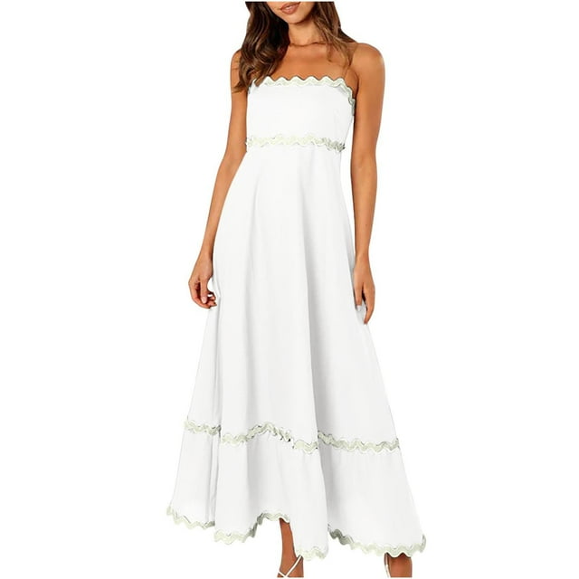Robes à Bretelles Spaghetti pour Femmes Robe Midi Décontractée d'Été Robe de Plage Sans Manches Dos Nu Robes Boho Robes Fluides Robes de Soleil