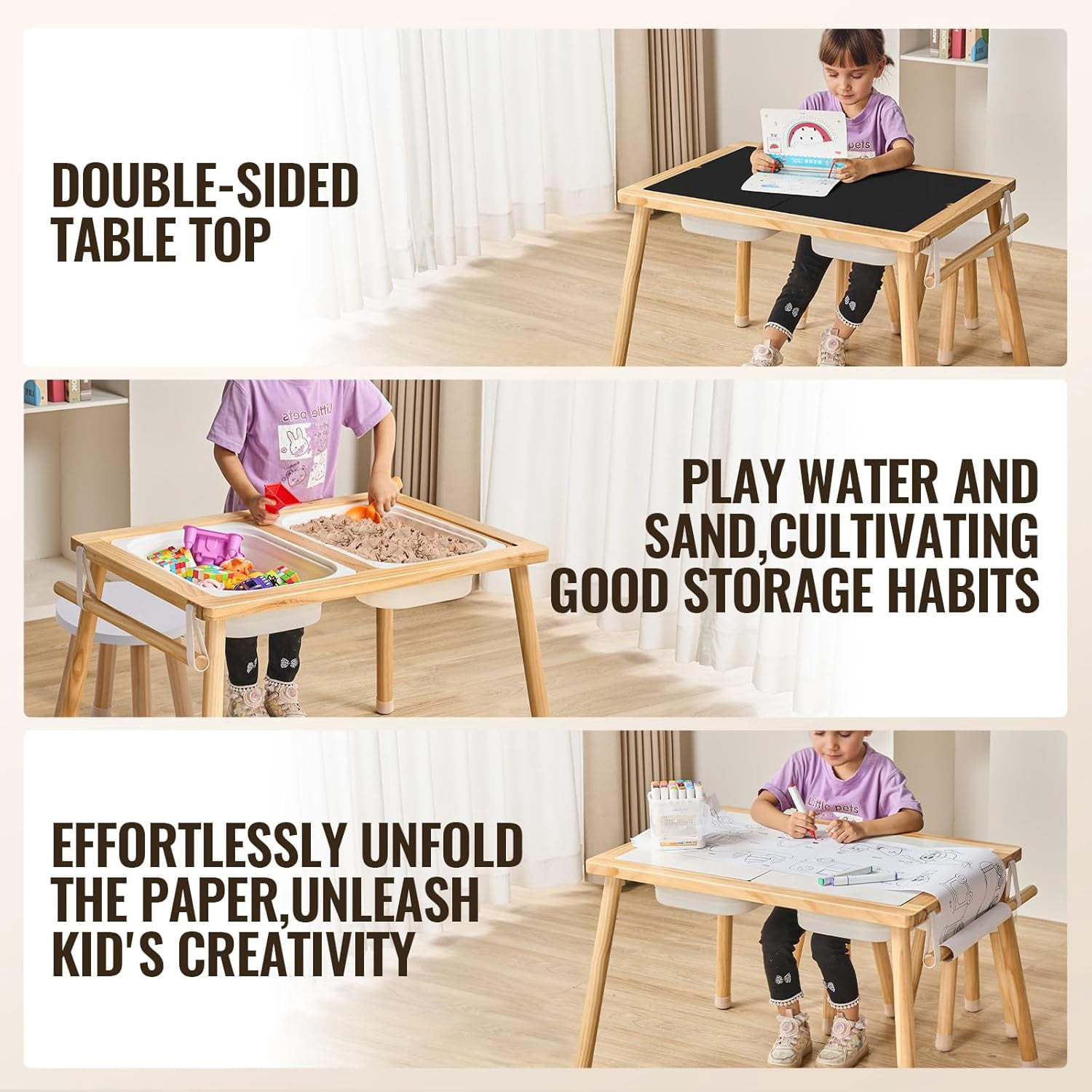Sensory Table and Chairs Set, Toddlers Activity Table with 2 Stools, 2 Storage Bins & Paper Roll Holder, Indoor/Outdoor Play Sand and Water Table, Wooden Kids Sensory Table - Gift for Boys Girls