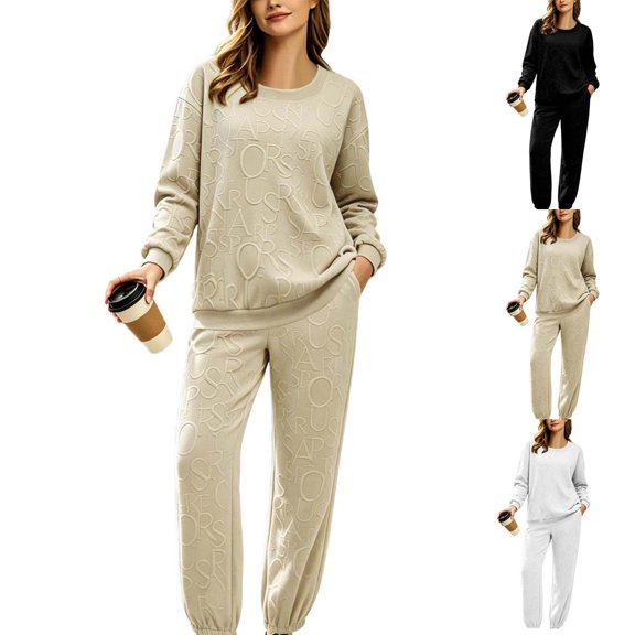 Zynoxe Two Piece Lounge Sets Women Casual Embossed Letter Crew Neck Long Sleeve Tops and Joggers Sweatsuits Solid Color Matching Sets for Daily Wear