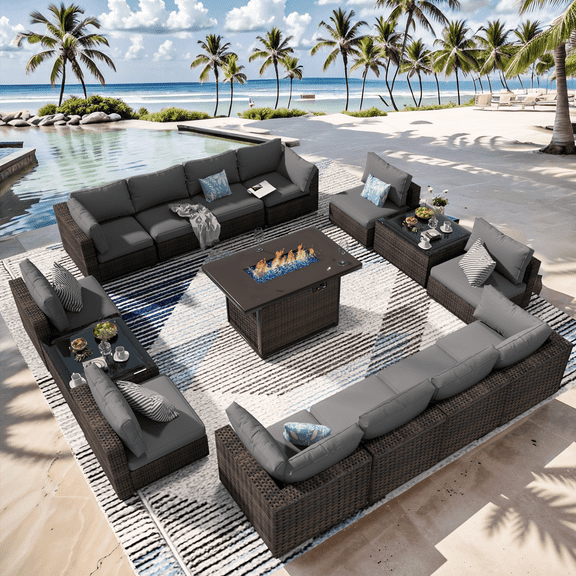 Grezone 15 Pieces Patio Furniture Set with Fire Pit Table, All Weather Outdoor Sectional PE Rattan, Patio Conversation Sets Cushions & Black-glass Coffee Table for Garden Lawn Balcony Porch Deck,Grey
