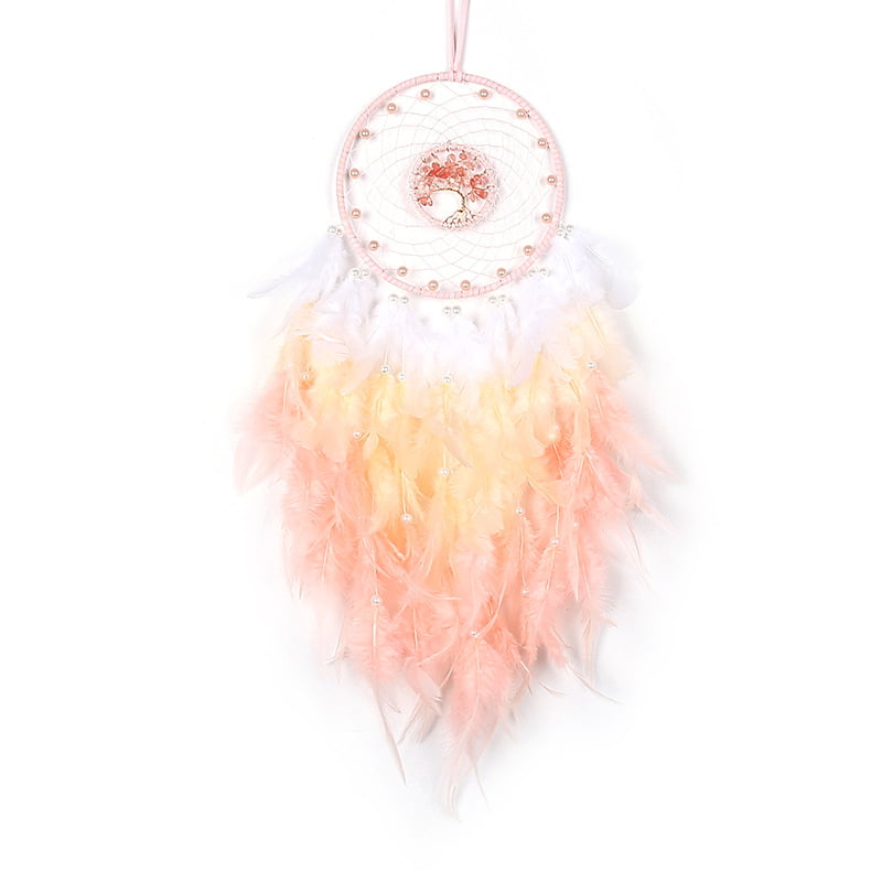 Handmade Dreamcatcher Pendant Made of Wood with Natural Feathers Orange Whirl