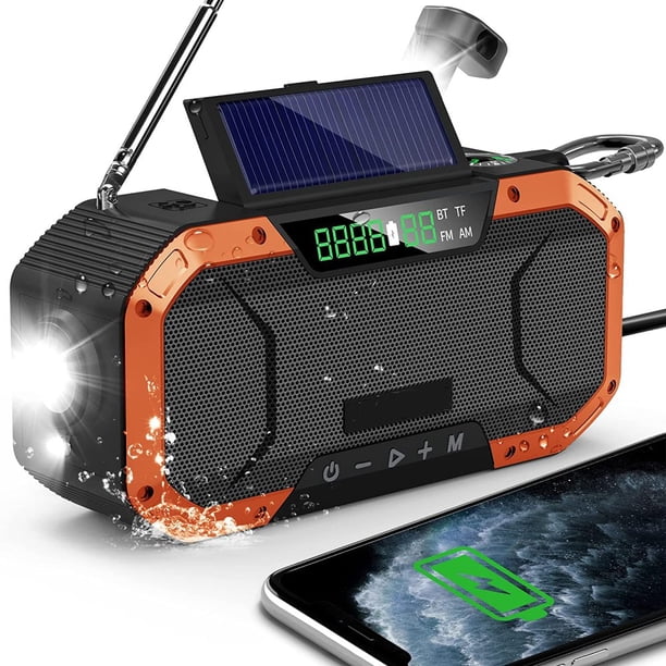 Radio de emergencia Altavoz Bluetooth a prueba de salpicaduras Radio portátil AM/FM con manivela solar con linterna Lámpara de lectura LED Panel solar Banco de energía de 5000 mAh Radio dinamo para