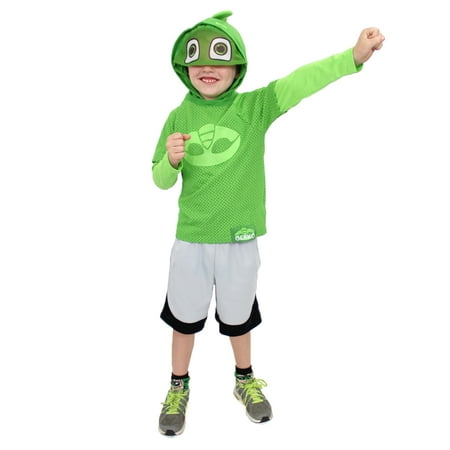 pj masks little boys gekko costume hooded tee with mask (4, green long sleeve)