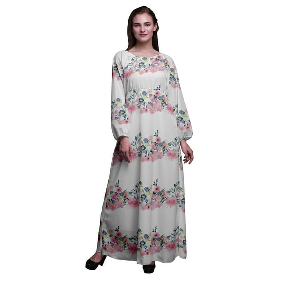 Bimba Polyester Georgette Ranunculus & Chrysanthemum Floral Printed Women’s Long Sleeve Elastic Waist Maxi Dress Gown-Medium
