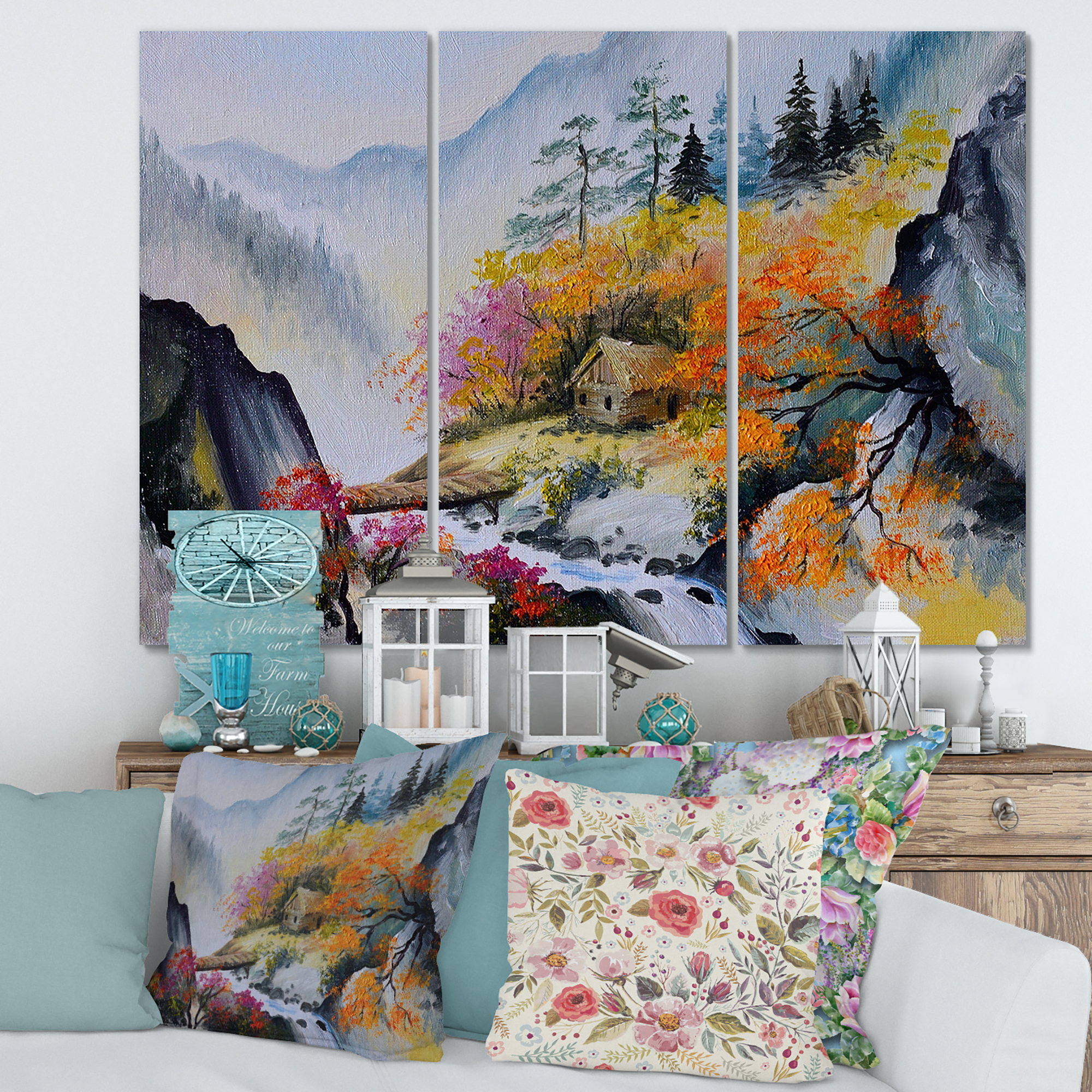Designart ' VIbrant Mountain Landscape With Little House ' Traditional Canvas Wall Art Print