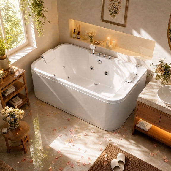Bocarali 61" 2 Person Whirlpool Bathtub, Acrylic Hydro Massage Tub with Heater
