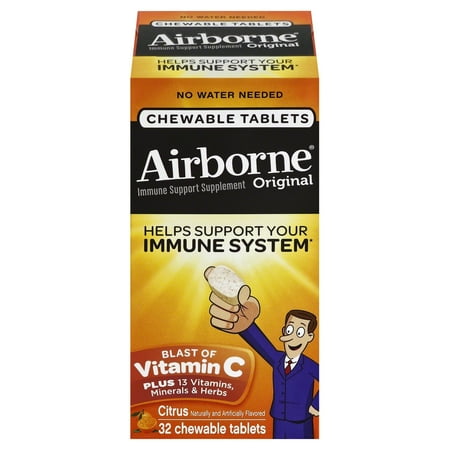 Airborne Chewable Vitamin C 1000mg Immune Support Supplement Tablets, Citrus, 32 Count