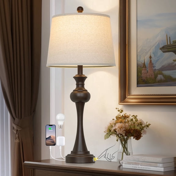 Cinkeda 29.5" Tall Single Table Lamp for Living Room Bedroom with USB C A Ports AC Outlet Modern Brown 3 Way Dimmable Touch Control Nightstand Bedside Lamp