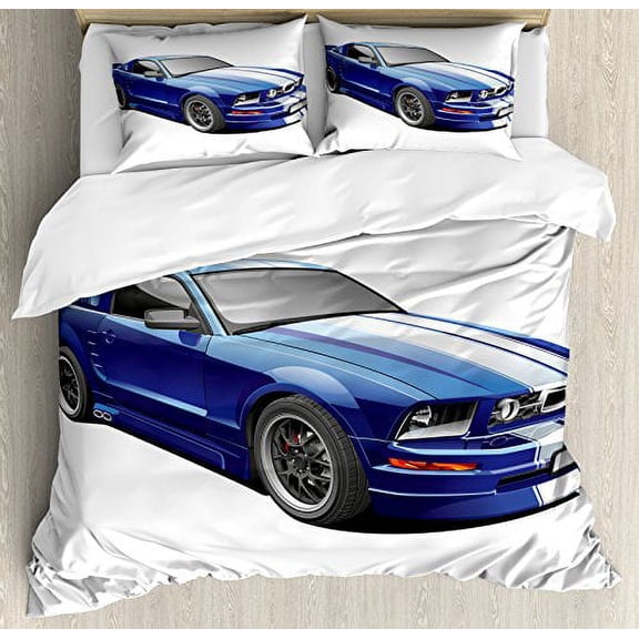 Ambesonne Teen Room Duvet Cover Set, American Auto Racing Theme Car Sports Competition Speed Winner Boys Kids Graphic, Decorative 3 Piece Bedding Set with 2 Pillow Shams, Queen Size, Blue Grey