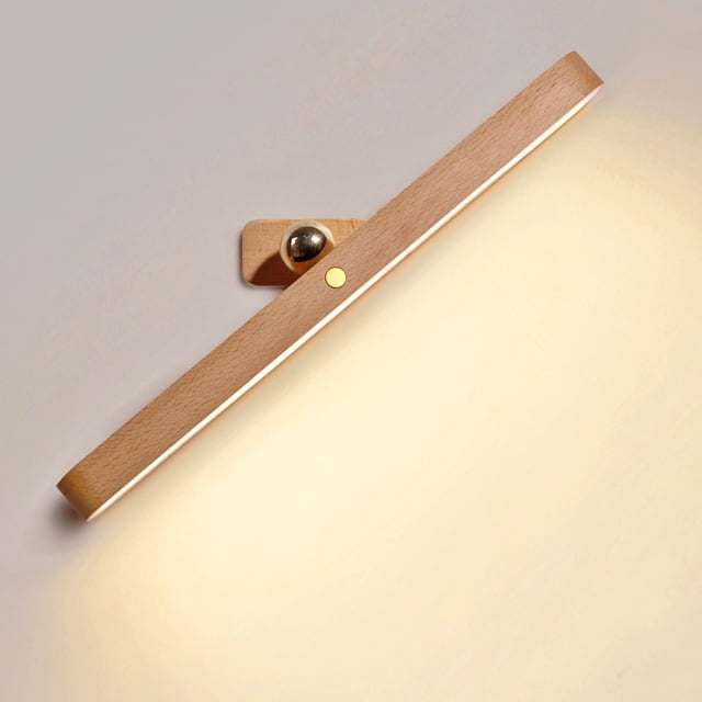 Lámpara de pared de madera Led, giratoria de 360 ° y magnética, luces de pared que funcionan con pilas, luz nocturna Led regulable recargable por USB para lectura