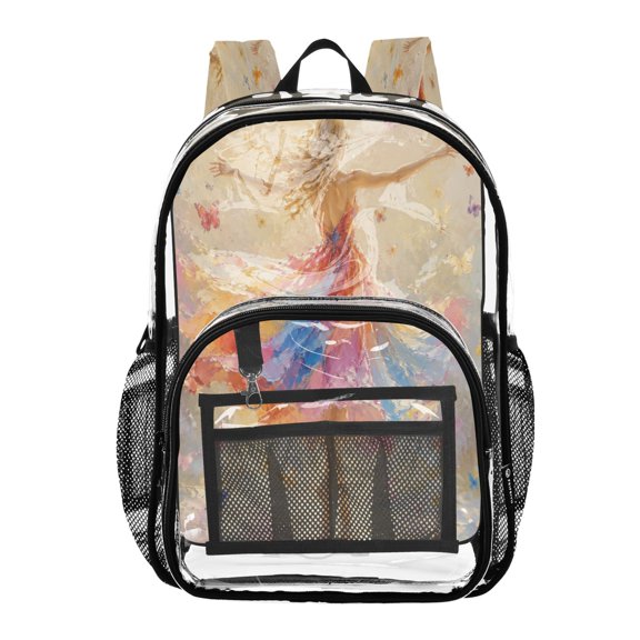 Clear PVC Backpack 12L Transparent Shoulder Bag with Mesh Pockets Rainbow Dress Dancer Print