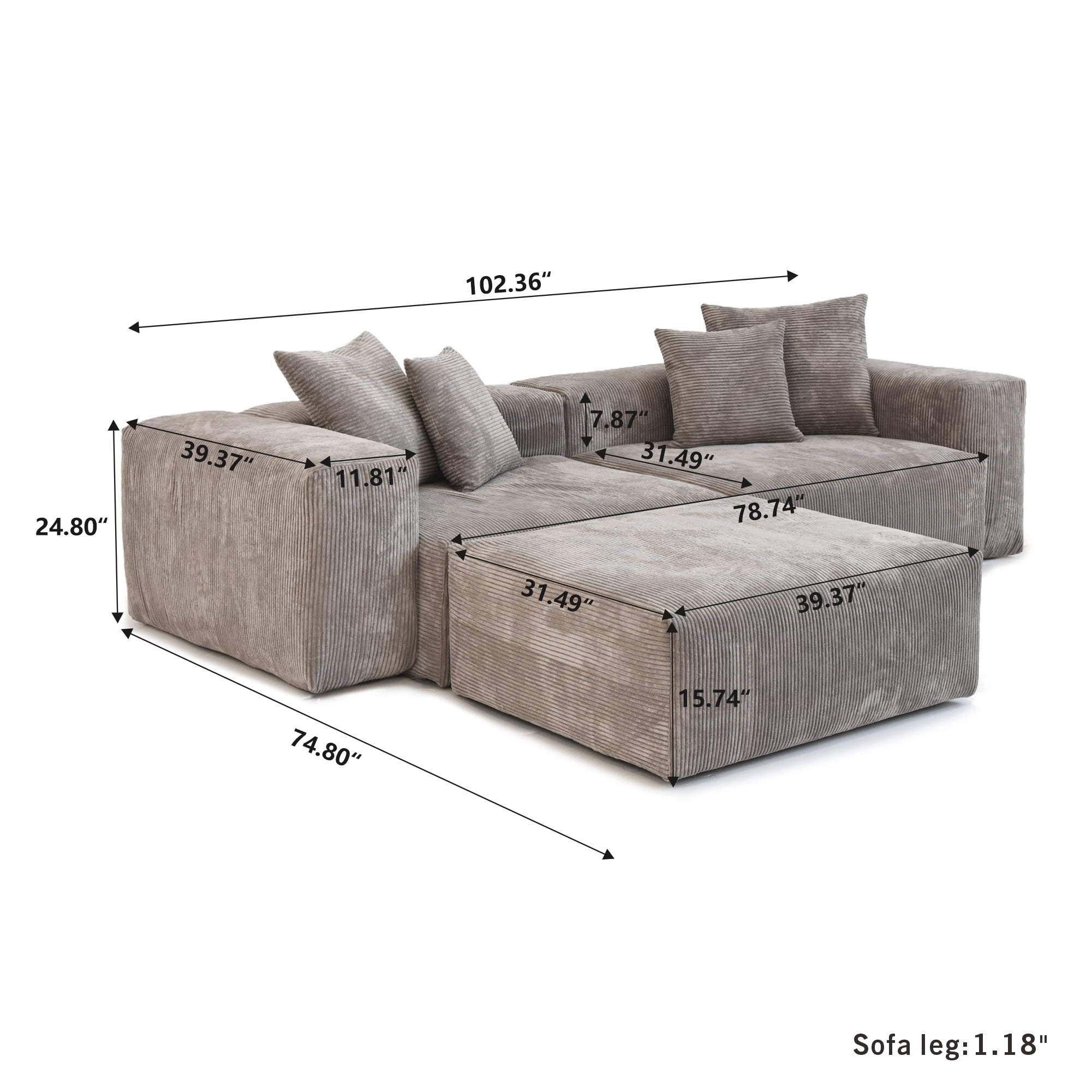 Magic Home Convertible Sectional Sofa Modular Couch,Modern Corduroy Sofa with Pillows for Living Room,Apartment and Small Space,2-Seat Sofa,Brown