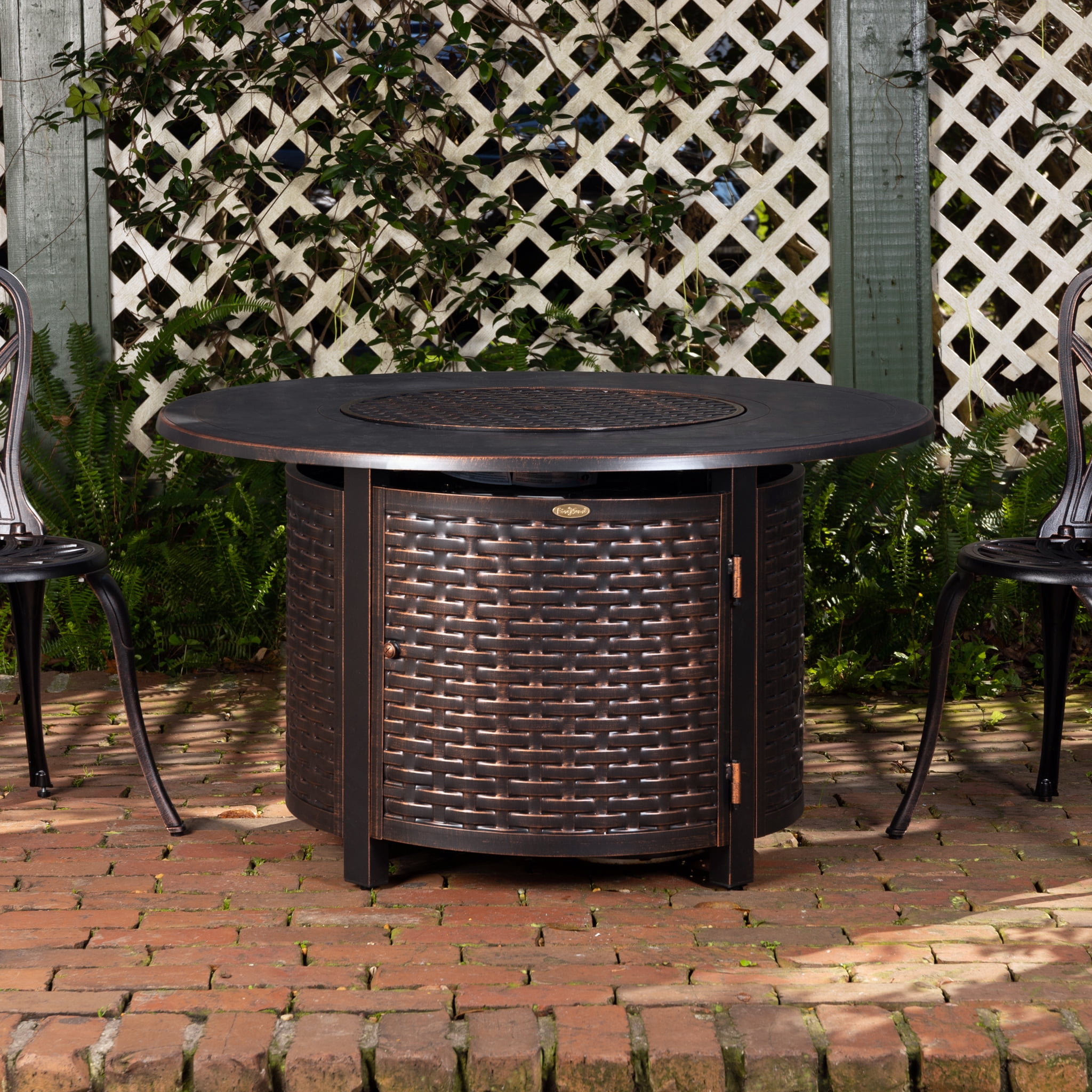 Fire Sense Florence Woven Aluminum Gas Fire Pit Table with Fire Bowl Lid-Antique Bronze-Round 44"