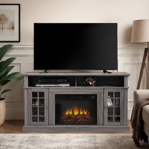 58.25 in TV Stand with 23 in Fireplace Insert for TVs up to 65 in Dark Walnut MDF Media Console with Storage
