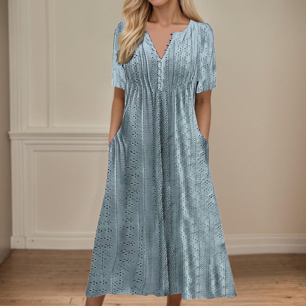 WILLBEST Vestidos De Verano Para Mujer Vestido Largo De Verano Vestido De Mujer Manga Corta Playa Cuello En V Con Botones Vestido Casual Con Bolsillos Vestidos Bohemios Vestidos Largos Elegantes