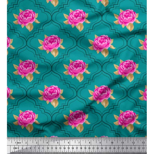 Soimoi Tissu en Coton Cambric Design Quatrefoil, Imprimé Floral Feuilles & Roses au Mètre 42 Pouces de Large