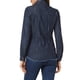 thumbnail image 3 of Camisa de mezclilla de mujer con cuello puntiagudo, manga larga, dobladillo deshilachado y botones en azul oscuro M, 3 of 5