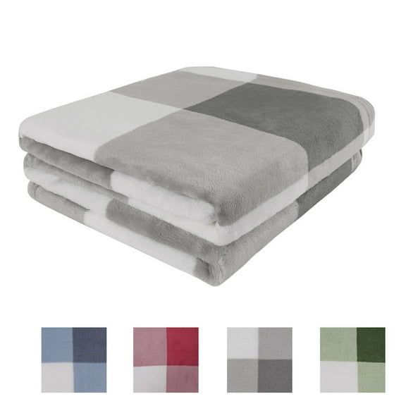 Unique Bargains Plush Buffalo Reversible Plaid Flannel Fleece Blanket, Queen, Grey White