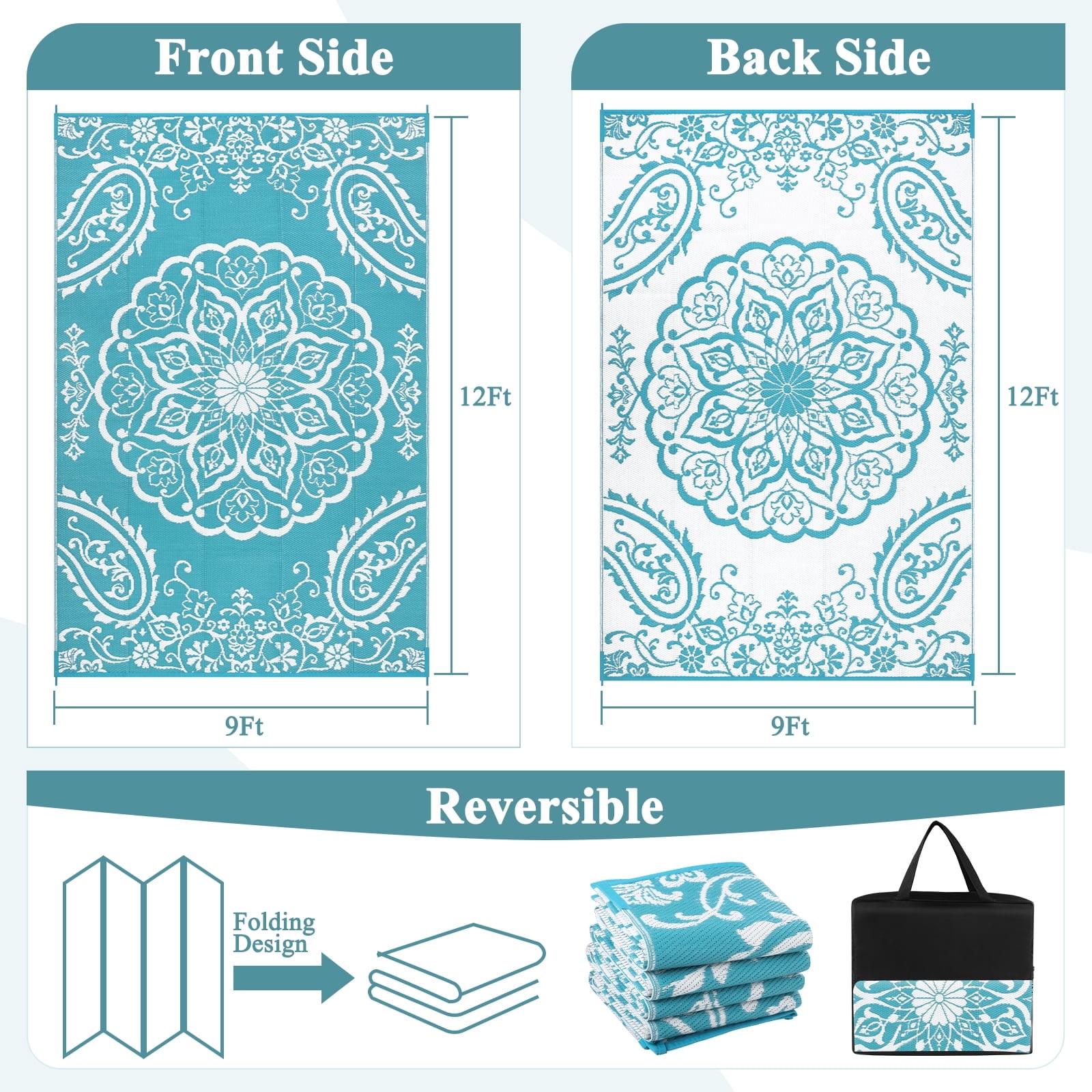 MeyJey 9'x12' Outdoor Rug, Patio Rug Waterproof RV Outdoor Rug Camping Rugs Reversible Plastic Mat for Camping, Balcony Apartment, Patio, Porch, Picnic, Beach, Teal