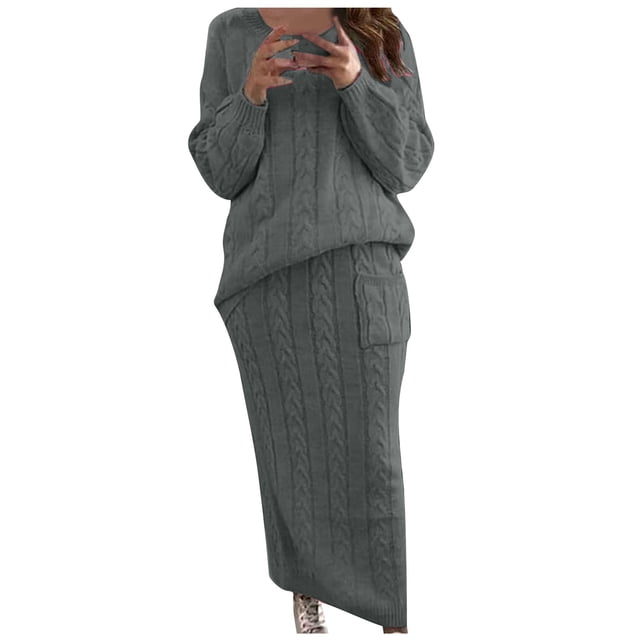 Yuyuzo Ensembles de Chandails pour Femmes Col Ras du Cou Manches Longues Chandails à Enfiler avec Jupes Longues Tricot Torsadé Ensembles 2 Pcs