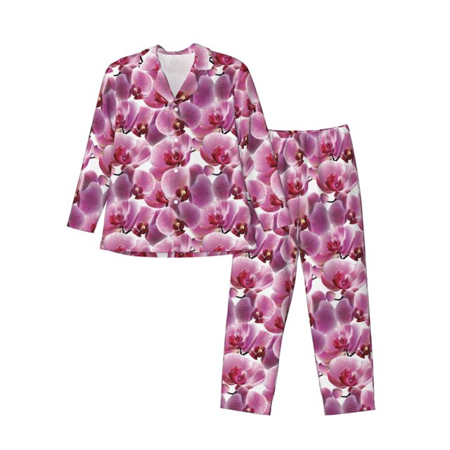 Fotbe Orchids Flowers Pijama de Hombre con Estampado de Manga Larga, Conjunto de 2 Piezas, Ropa de Dormir Suave y Cómoda con Bolsillos-X-Large