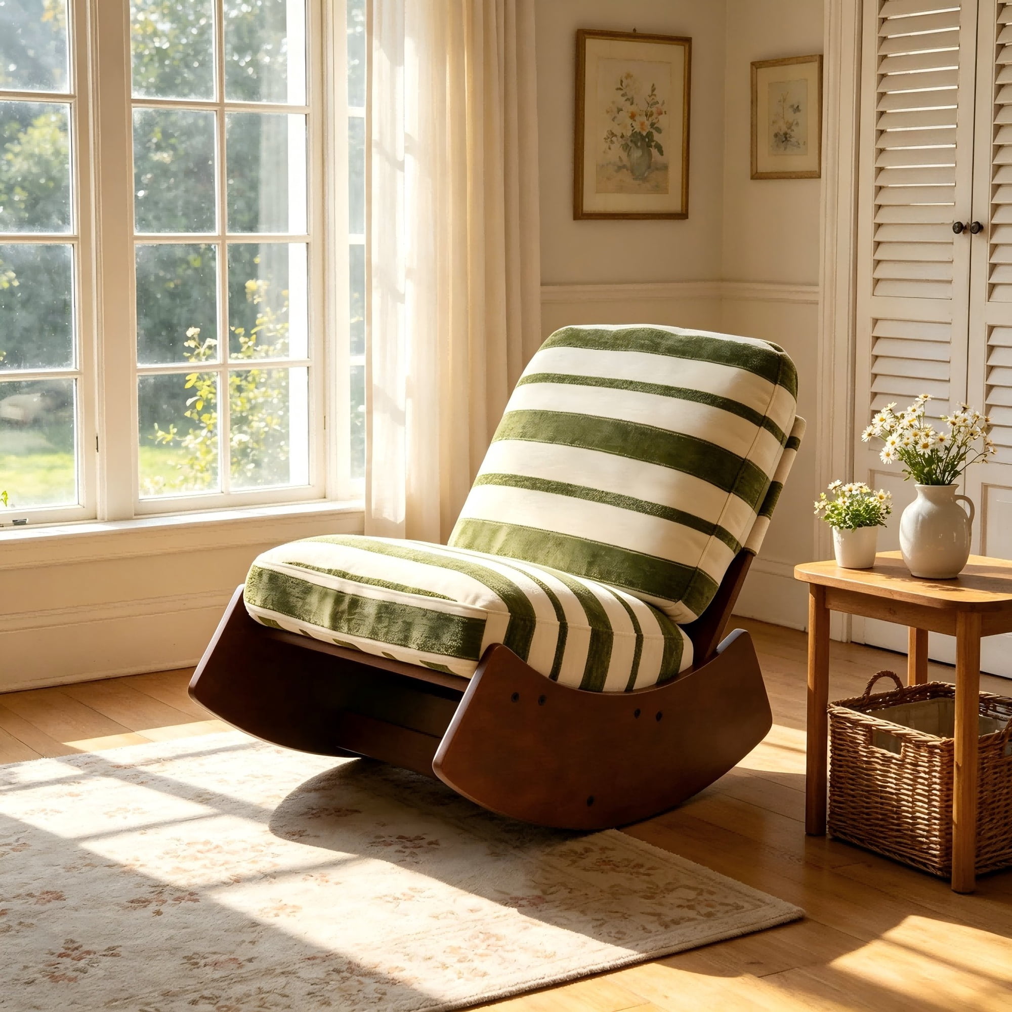 FFZ 35"L Comfortable Glider Rocking Chair with Solid Wood Frame and Fabric Upholstery, Green