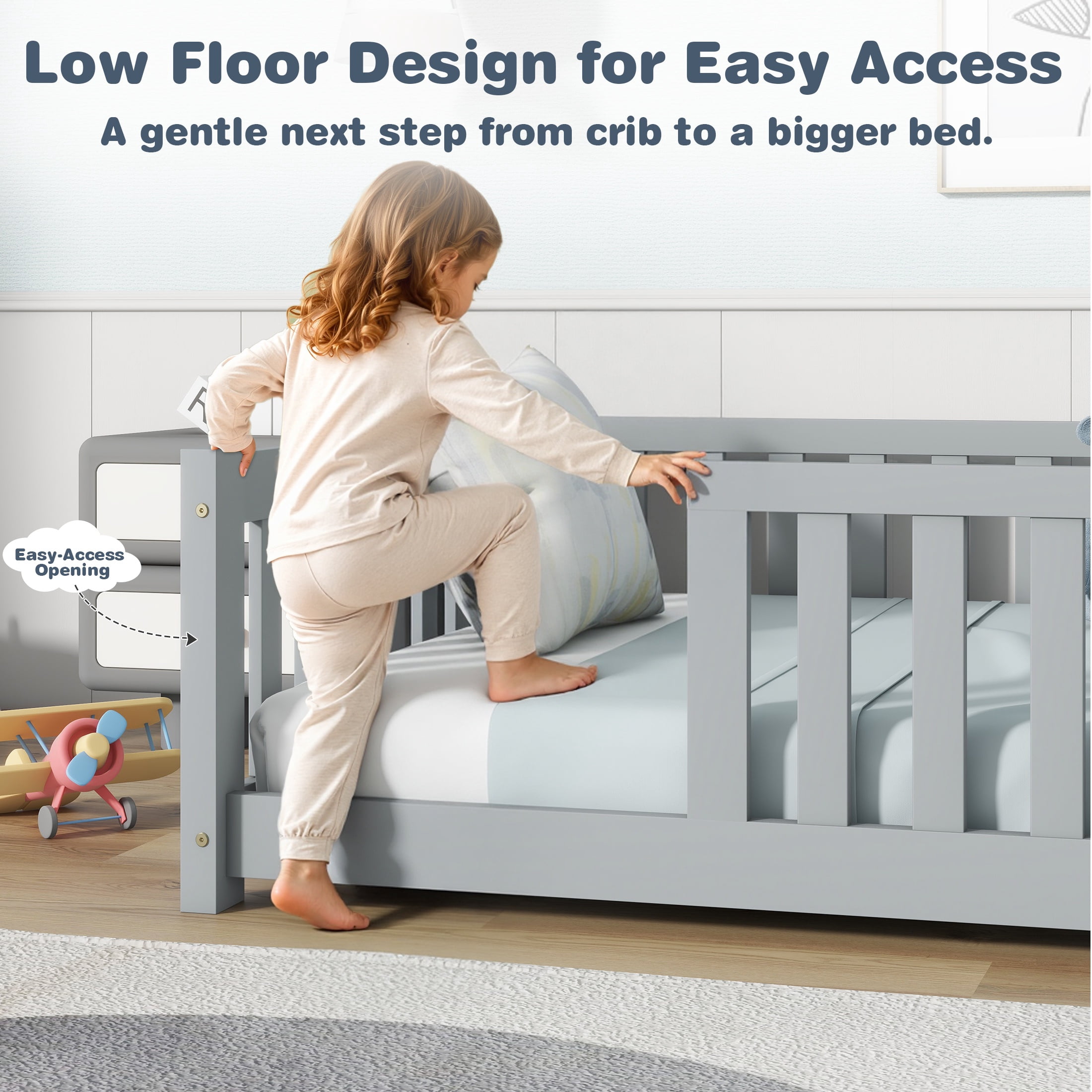 Sesslife Twin Montessori Floor Bed, Wood Twin Size Floor Bed Frame with Safety Guardrails and Slats, Low Profile Toddler Bed for Kids Boys and Girls, No Box Spring Needed, Grey