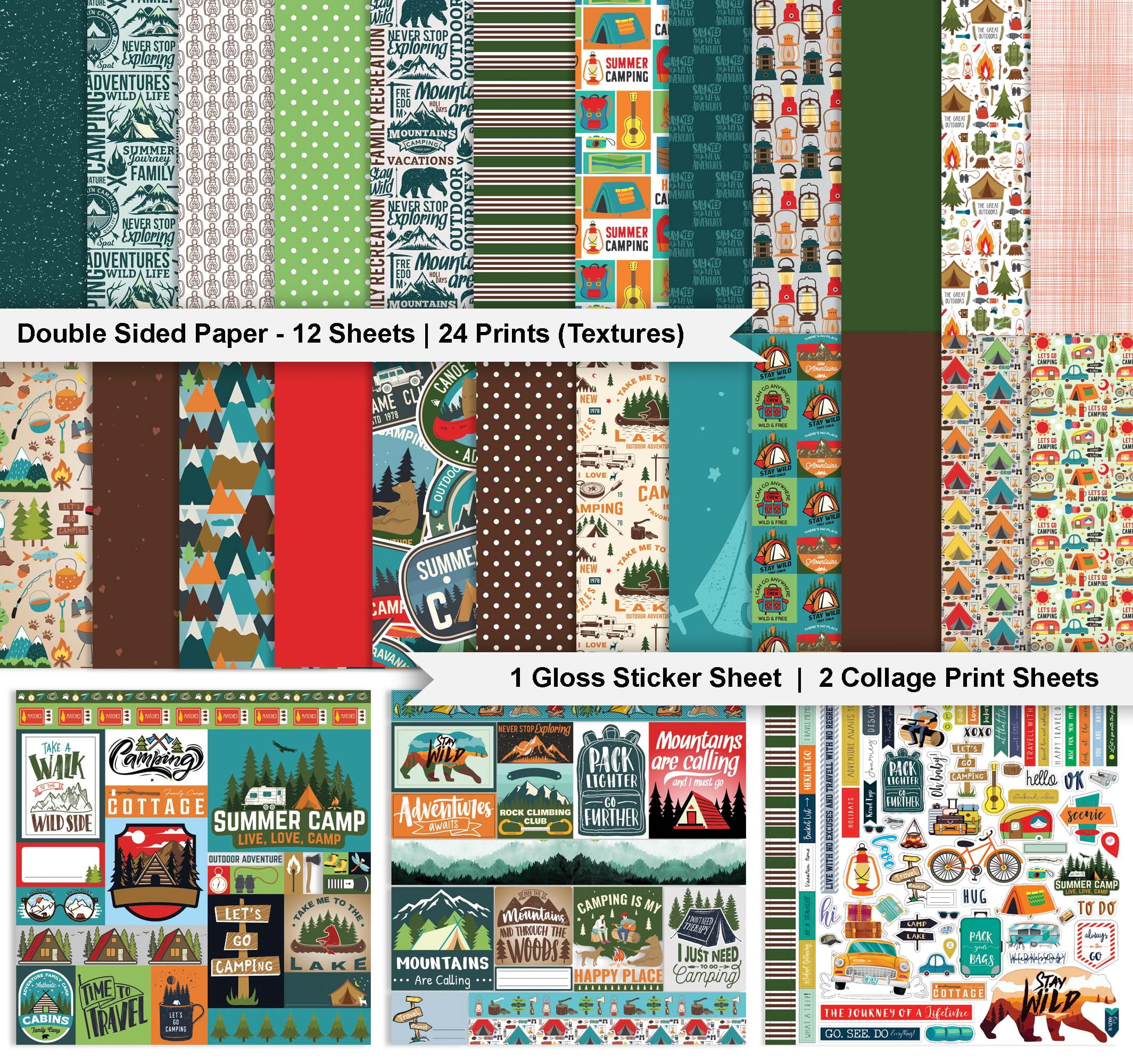 Inkdotpot Camping Theme Collection Double-Sided Scrapbook Paper Kit Cardstock 12"x12" Card Making Paper Pack With Sticker Sheet - 16 Pages - Green Brown Red