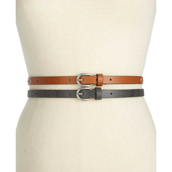 Style&co Women’s Rhinestone & Stud 2-for-1 Skinny Belts, Black & Cognac, Medium