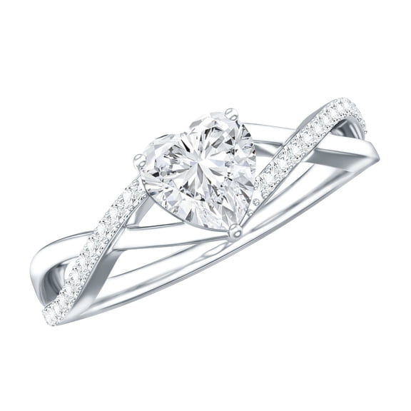 Rosec Jewels - Moissanite Heart Engagement Ring 1 Carat - Crossover Ring for Women - 7 mm - D-VS1 Quality Certified, 925 Sterling Silver, US 4.00