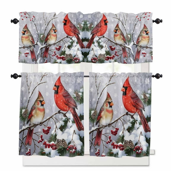 Christmas Bird Kitchen Curtains and Valances Set, Winter Red Cardinal on Tree Nature Snow Scene Rod Pocket Window Valance Window Curtain Panels for Living Room Bedroom Laundry, 27.5x36in, 3 Pieces