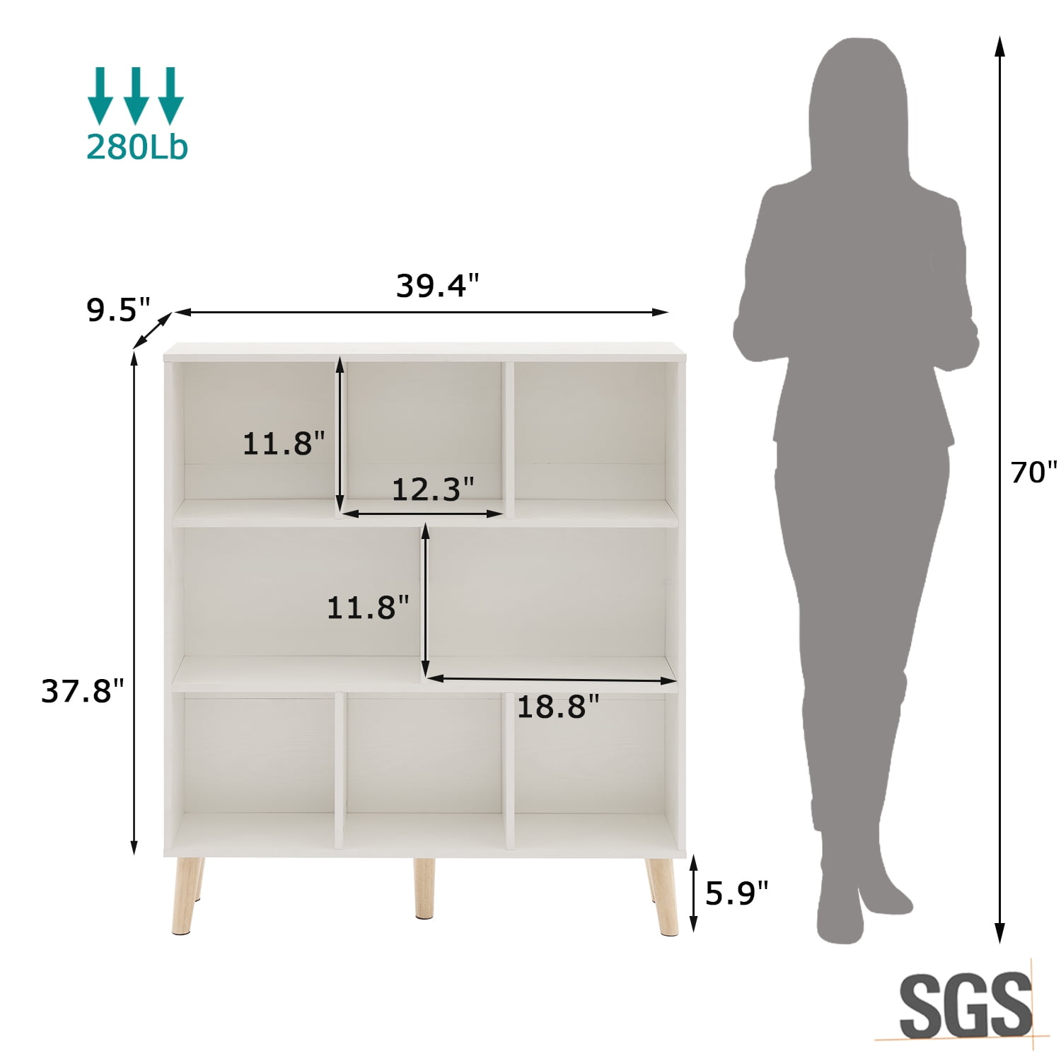 3-Tier Book Shelf, 8 Cube Bookcase, Mid-Century Modern Wood Shelf for Living Room, or Office, White