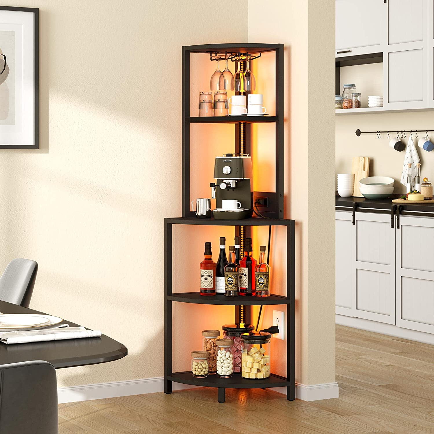 Corner Shelf with Power Outlets, LED Lights, 5-Tier Corner Bar Cabinet with Glass Holder, 62.3