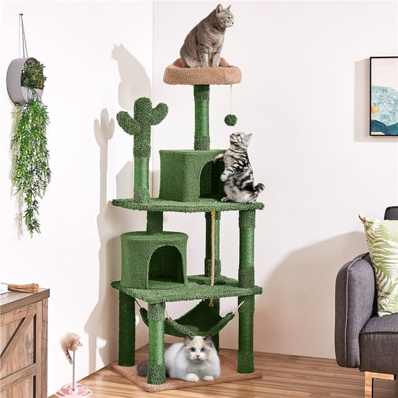 Yaheetech 62.5'' Multi-Level Cactus Cat Tree with Perch, 2 Condos & Hammock, Green/Brown