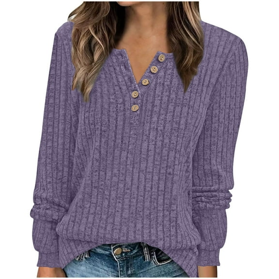 YUGYXL Women's Lightweight Sweaters Long Sleeve Henley Shirt Fall Casual Crewneck Tunic Tops Purple XXL