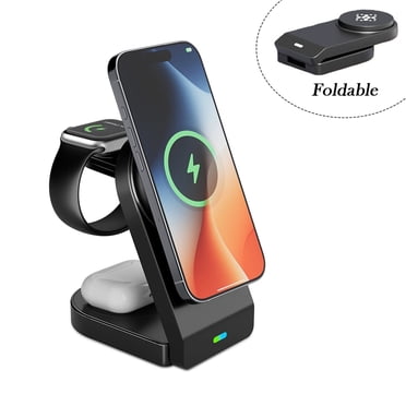 Magnetic Wireless Charger, 15W Foldable Fast Charging Stand, Portable Travel Charger Dock for iPhone 17/16/15/14/13/12 Series/AirPods 3/2/Pro 2/3, Samsung Wireless Charger Station for Galaxy S25 Ultr