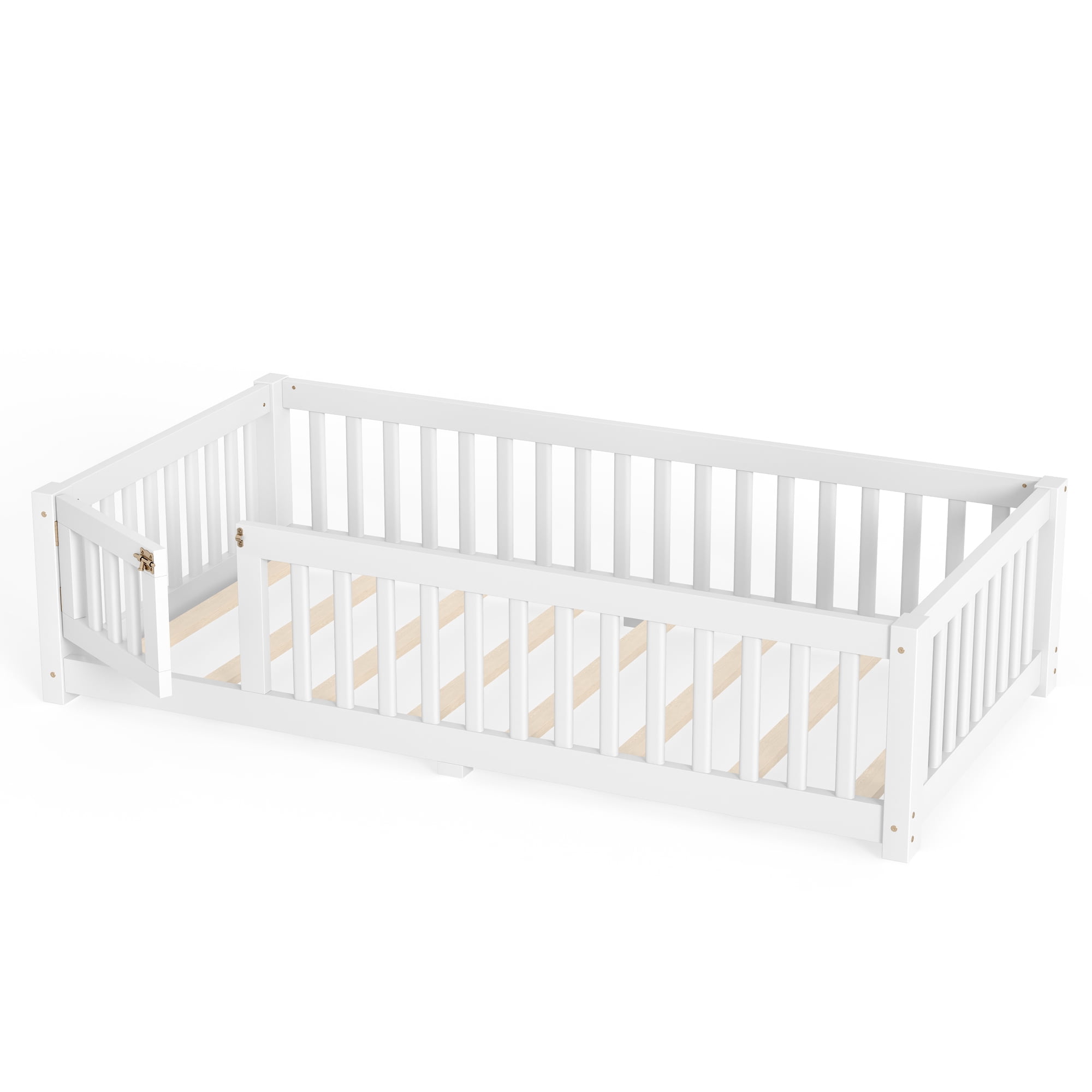 Twin Size Kids Floor Bed with Door and Full-Length Guardrails, Wood Montessori Floor Bed with Support Slats, Toddler Bed for Boys Girls, No Box Spring Needed Design