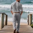 thumbnail image 4 of Men's Long Sleeve Casual Linen Shirt and Pants Set, Lightweight Breathable Outfit for Summer Beach, Relaxed Fit, 4 of 5